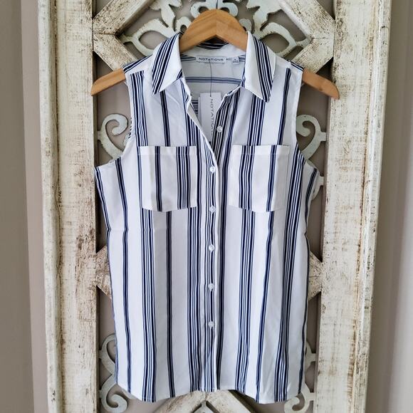 Notations Women's Sleeveless Collar Button Down Pocket Blouse Tank Top Stripe - Picture 4 of 7